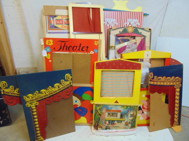 10 vintage folding puppet theaters, Punch & Judy, paint: 10 vintage folding puppet theaters, Punch & Judy, paint decorated, various shapes, designs