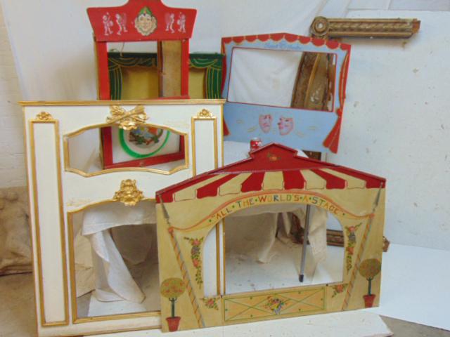 6 vintage puppet theater fronts, stages, folding &: 6 vintage puppet theater fronts, stages, folding & decorative fronts, various styles, paint decorated & gilt.