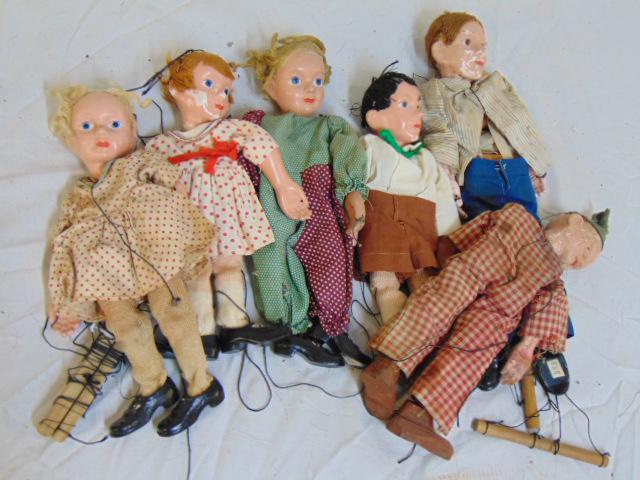 6 small European marionette dolls, puppets, painted,: 6 small European marionette dolls, puppets, painted, composite heads, clothed