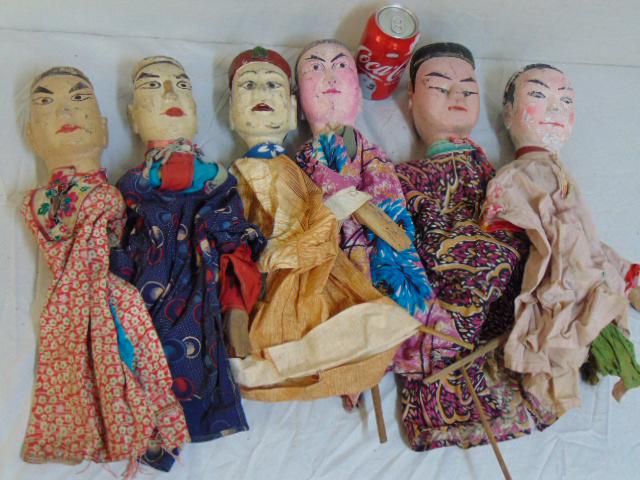 6 Asian puppets, carved wood heads, painted, cloth: 6 Asian puppets, carved wood heads, painted, cloth bodies, Japanese, Chinese.