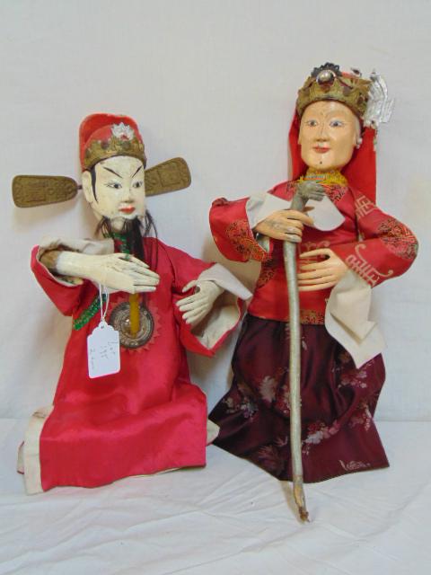 2 Asian puppets, paint decorated carved wood heads,: 2 Asian puppets, paint decorated carved wood heads, wood hands, Asian, Japanese clothing, 22" tall approx.