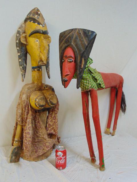 Carved wood & painted figure & horse, figure in yellow: Carved wood & painted figure & horse, figure in yellow paint & red painted horse with human face, unsure about origin, African (??)