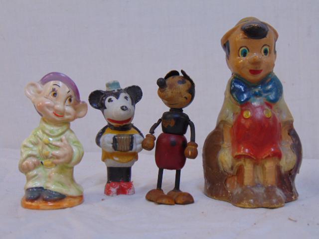 Disney, early Mickey Mouse lot, early Mickey Mouse: Disney, early Mickey Mouse lot, early Mickey Mouse figure, wood with paper ears, original paint, decal, height is 3.5", also includes chalk Mickey, paper Mache Pinocchio & porcelain Dopey by Beswick