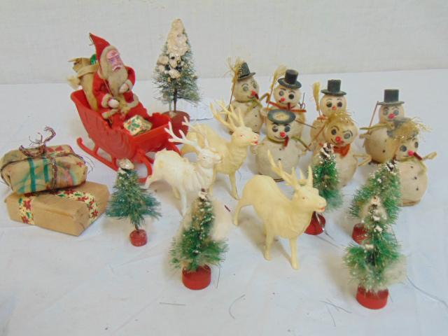 Christmas lot, Santa in sled, trees & snowmen, small: Christmas lot, Santa in sled, trees & snowmen, small Santa in sled with toys, 6 miniature trees & 7 small snowmen.