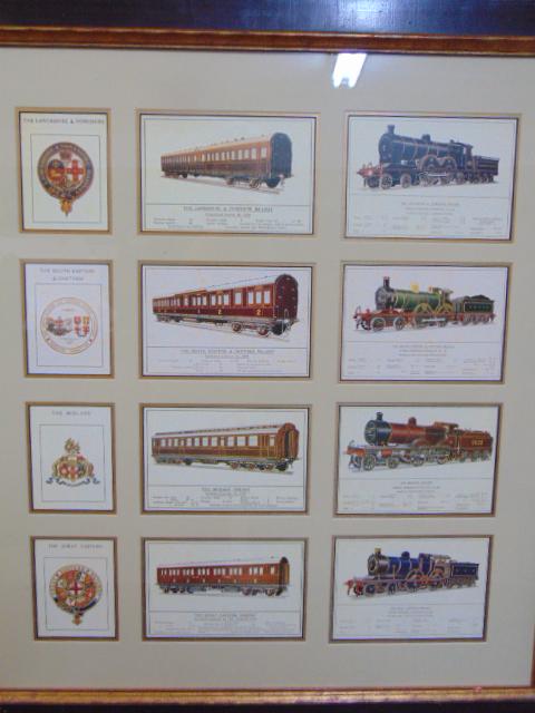 Railroad & train collage, 4 railway cards with logo,: Railroad & train collage, 4 railway cards with logo, "The Lancashire & Yorkshire"; "The South Eastern & Chatham"; "The Midland" & "The Great Eastern", collage is 30" by 27" vinyage