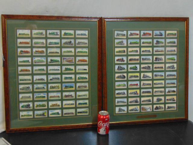 Pair tobacco card train collages, "Will's Cigarettes": Pair tobacco card train collages, "Will's Cigarettes" each collage holds 50 tobacco cards with various trains, "Railway Engines 1936", with a print out of the reverse of all cards included, each colla