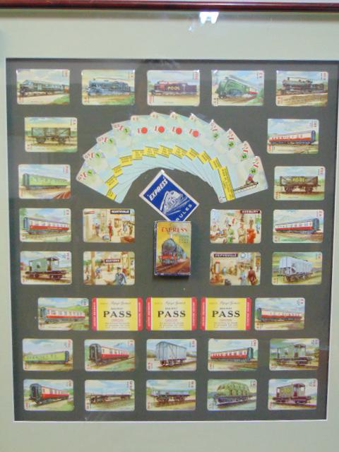 Rail road & steam train collage, Pepys Games Railway: Rail road & steam train collage, Pepys Games Railway game, various cards with stations and trains, collage is 25" by 21.5" vintage