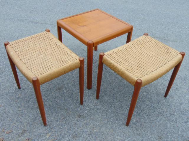 Pair J.L. Moller Danish stools & side table, stools: Pair J.L. Moller Danish stools & side table, stools have woven seats, each stool is 19.5" by 14"