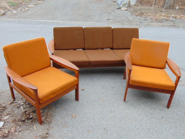 Danish sofa set by Komfort, MCM teak sofa & chairs with: Danish sofa set by Komfort, MCM teak sofa & chairs with pillows, sofa is 78" long, 30.5" deep (arms) & 30.5", chairs are 31" wide.