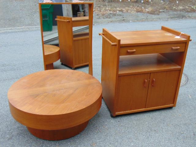 Table, tea cart & mirror, Danish style, round coffee: Table, tea cart & mirror, Danish style, round coffee table, mirror by Pederson & Hansen & tea cart, veneer on tea cart is warped.