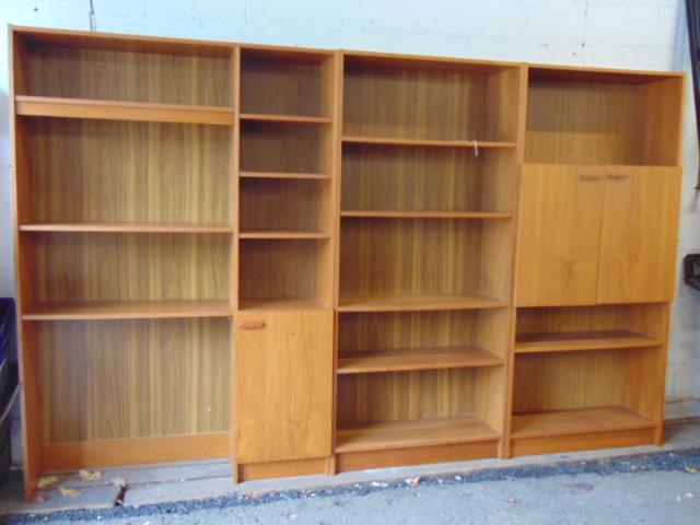 Sectional Danish style wall unit, 3 section unit with: Sectional Danish style wall unit, 3 section unit with cabinets, desk, & book shelves, veneered, total size (as shown) is 112" by 13.5" by 70"