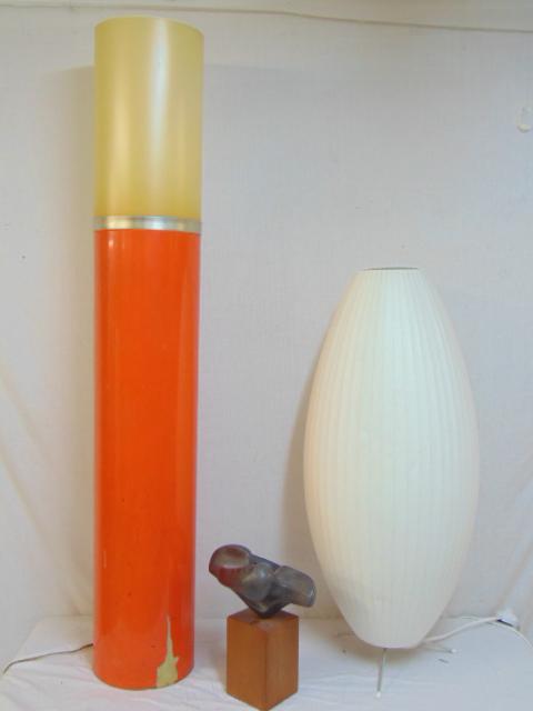 Modern lighting, Modernica bubble lamp, (George Nelson: Modern lighting, Modernica bubble lamp, (George Nelson design), lipstick lamp & ceramic abstract sculpture by Ulm Augustas, lipstick lamp is 54" tall and repair to shade, Modernica lamp is 36" tall,