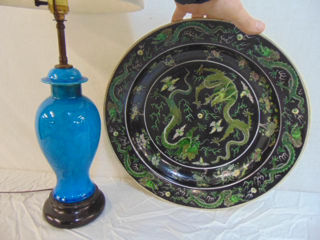 Chinese porcelain bowl & lamp, large bowl decorated: Chinese porcelain bowl & lamp, large bowl decorated with dragons, signed on base, not old, comes with turquoise porcelain table lamp, bowl is 17.25"