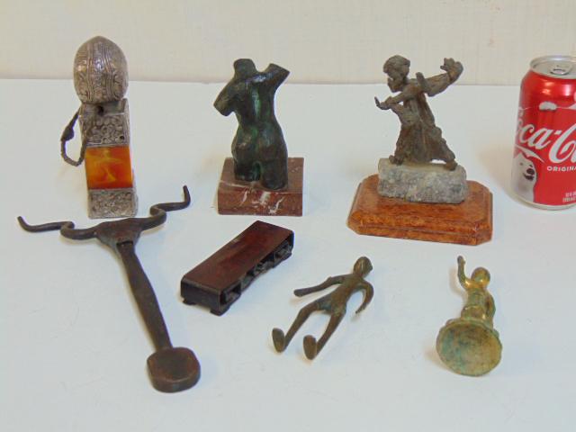 Misc. lot bronze, iron & Asian objects, 2 small figural: Misc. lot bronze, iron & Asian objects, 2 small figural bronze figures; wrought iron tool with bulls head; ornate silver plate & Bakelite (??) decorative object, bronze figure with monkey on his back 