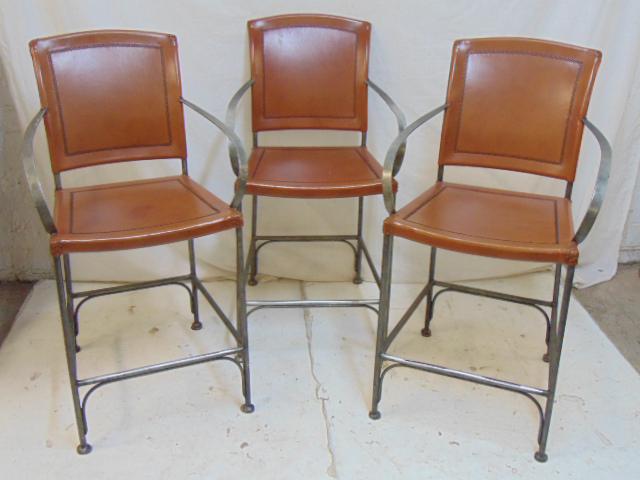 3 Leather & steel bar stools, iron frame barstools with: 3 Leather & steel bar stools, iron frame barstools with leather back & seat, seat height is 23.5"
