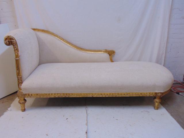 Gilt framed Recamier, fainting couch, white upholstery,: Gilt framed Recamier, fainting couch, white upholstery, carved wood & gilt decorated frame, sofa is 81" by 31", height is 39"