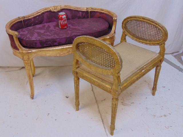 2 gilt benches, caned & gilt bench & upholstered bench: 2 gilt benches, caned & gilt bench & upholstered bench with gilt frame, upholstered bench has breaks, damage to frame.