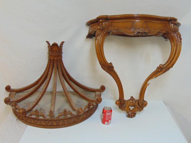 Singer drawer console and bed crown, console is 28": Singer drawer console and bed crown, console is 28" tall with inlaid top, bed crown is 20" tall and 30" wide. Bed crown has repairs