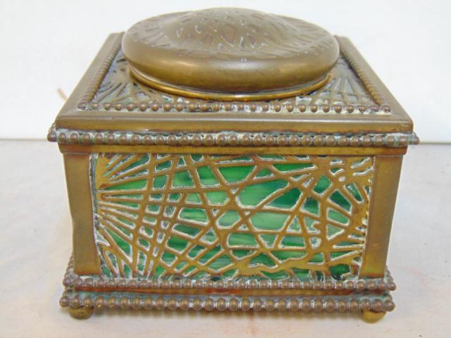 Tiffany Studios Pine Needle Inkwell, side & bottom: Tiffany Studios Pine Needle Inkwell, side & bottom glass panels in good condition, top panel has crack, with insert, 4 1/8" by 4 1/8", height is 3.5"