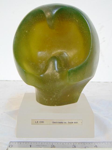 Daum art glass sculpture, "Le Cri", Dmitrienko,: Daum art glass sculpture, "Le Cri", Dmitrienko, 105/150, green art glass sculpture on frosted glass base, minute chip on edge, height as shown on base is 6 5/8"