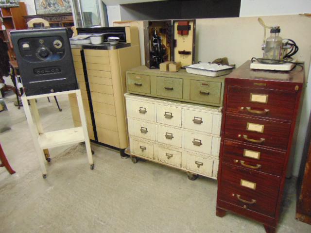 Dental office lot, cabinet, microscope, file cabinet,: Dental office lot, cabinet, microscope, file cabinet, various pieces of vintage dental equipment, trays, tools, electrical device & more