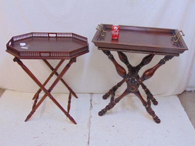 2 cutlery stands or tray tables, one has folding base,: 2 cutlery stands or tray tables, one has folding base, tables are not old, folding base table is a marriage, base slightly larger than top, mahogany