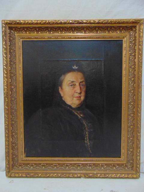 Painting, Queen Victoria, portrait, unsigned, 26" by: Painting, Queen Victoria, portrait, unsigned, 26" by 22", canvas appears to be patched, sectional.