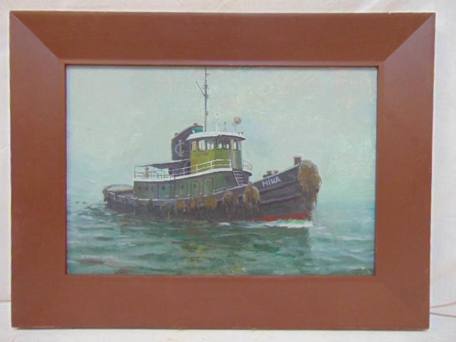 Painting, "Out of the Mist", Deborah Lovell, 17.5" by: Painting, "Out of the Mist", Deborah Lovell, 17.5" by 26", oil on canvas showing a tugboat on foggy waters.