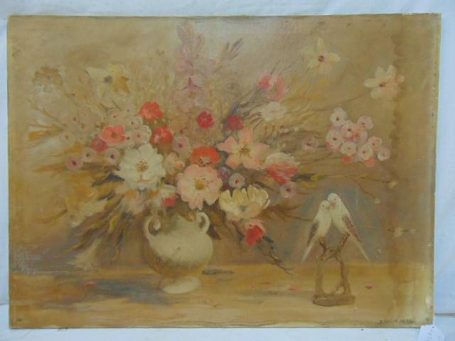 Painting, still life with bird, flowers, S.W. Shaw, 28": Painting, still life with bird, flowers, S.W. Shaw, 28" by 38", unframed, painted on canvas, water damage right vertical margin.