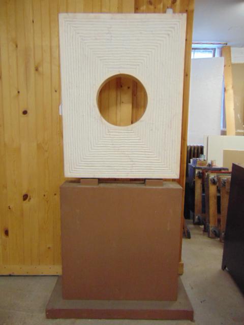 Japanese carved marble sculpture by Minoru Niizuma,: Japanese carved marble sculpture by Minoru Niizuma, monumental carved stone sculpture on wood base, 1982, sculpture is 30.75" by 5.25" height is 40.75", total height including base is 79"