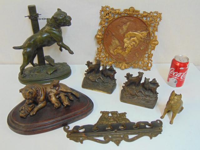 6 dog themed figures, spoon rack, bookends, bank,: 6 dog themed figures, spoon rack, bookends, bank, plaque & statues, bronze & iron.