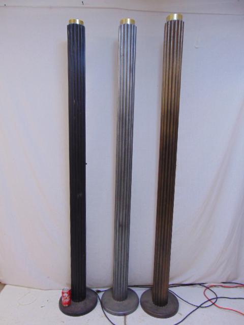 3 80's column floor lamps, bronze, black & metallic: 3 80's column floor lamps, bronze, black & metallic finish, each lamp is 80.5" tall, brass top collar, build in slide dimmer.