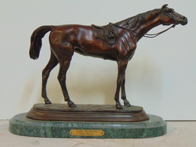 Jules Moigniez reproduction bronze, horse, on green: Jules Moigniez reproduction bronze, horse, on green marble base, 14.75" by 6", height is 12.25"