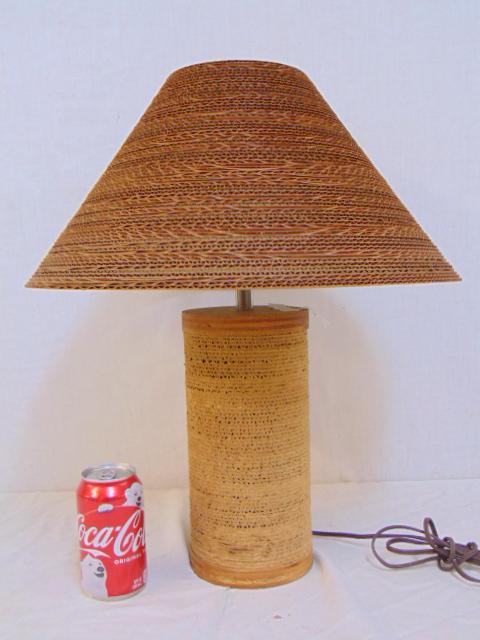 Frank Gehry style Mid Century cardboard table lamp with: Frank Gehry style Mid Century cardboard table lamp with shade, cylindrical table lamp with matching cardboard shade, height is 20"