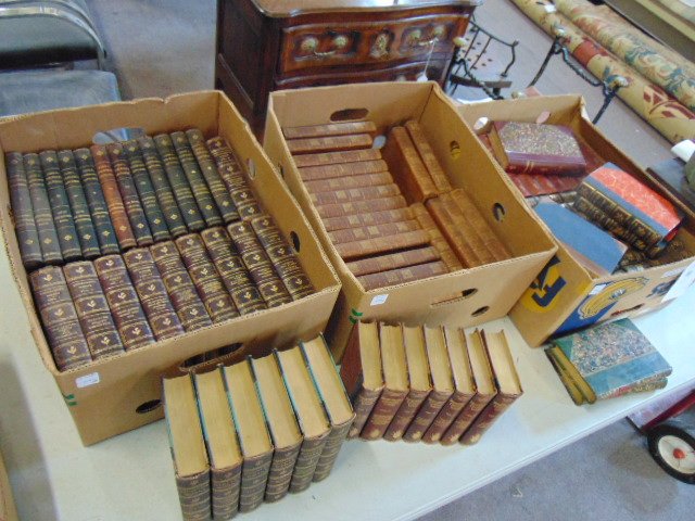 Large lot leather bound books, several sets.: Large lot leather bound books, including John L. Stoddard's Lectures; Stevenson's Works; Shakespeare's Works; Bronte's Works; The Works of the reverent Jonathan Swift D.D. (1808); A.L. Fowle's "Make r