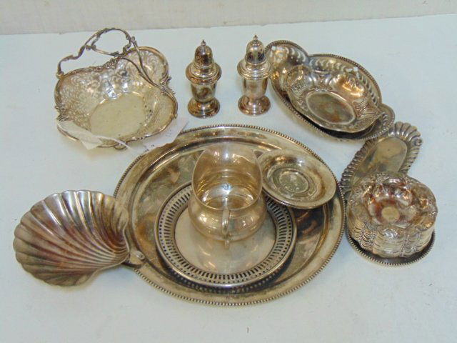 Lot sterling silver hollowware, 52 troy: Lot sterling silver hollowware, 52 troy, dishes, coasters, creamer, salt &n pepper etc. 52 troy.