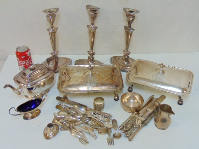 Large lot silverplate, candle sticks, tea pot, flatware: Large lot silverplate, candle sticks, tea pot, sugar bowl with cobalt glass insets, flatware & more