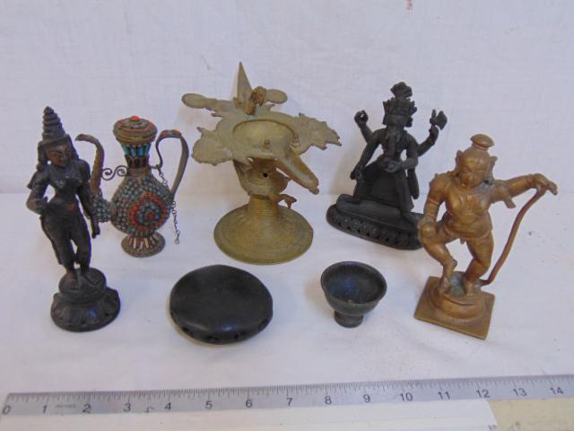 Small bronze grouping, figures, Buddha, ewer, includes (1 of 7)
