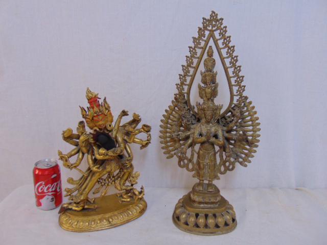 2 Asian bronze Brahma figures, one is paint decorated, (1 of 7)