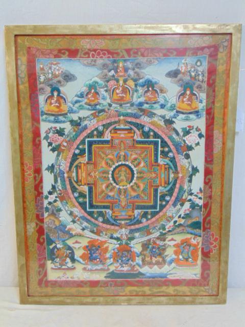 Mandala Thangka, Tibetan Buddhist painting on silk,: Mandala Thangka, Tibetan Buddhist painting on silk, decorative edge, 31.75" by 24.25"
