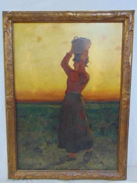 Painting, woman with basket, Max Gaylord, 34" by 24",: Painting, woman with basket, Max Gaylord, 34" by 24", woman in wooden shoes with basket on her head, sunset in distance, painted on canvas