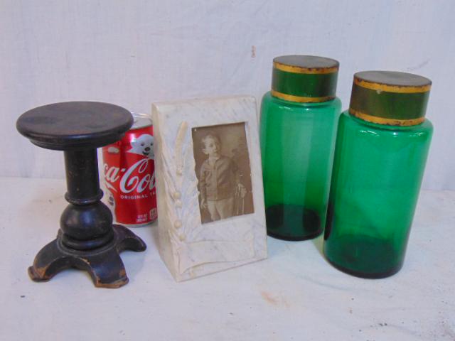 Group lot, carved marble frame, apothecary bottles & (1 of 7)
