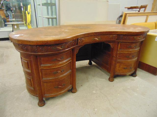 Rare carved oak paneled kidney desk, original finish (1 of 9)