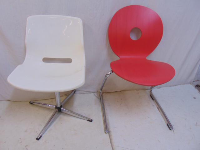 2 modern chairs, plastic & wood, chrome bases, plastic (1 of 6)