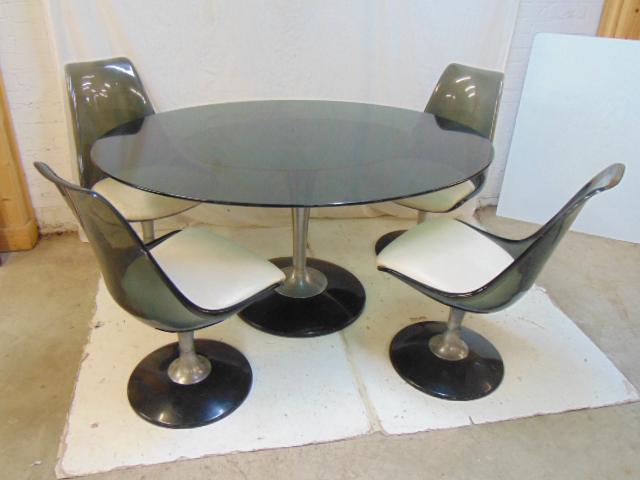 Knoll style glass top dining table with 4 chairs, smoky (1 of 8)