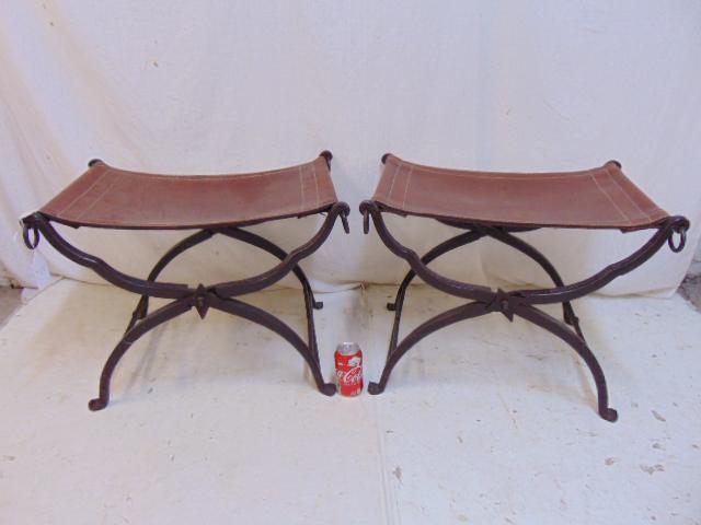 Pair Morgan Colt style iron & leather benches, arts & (1 of 7)