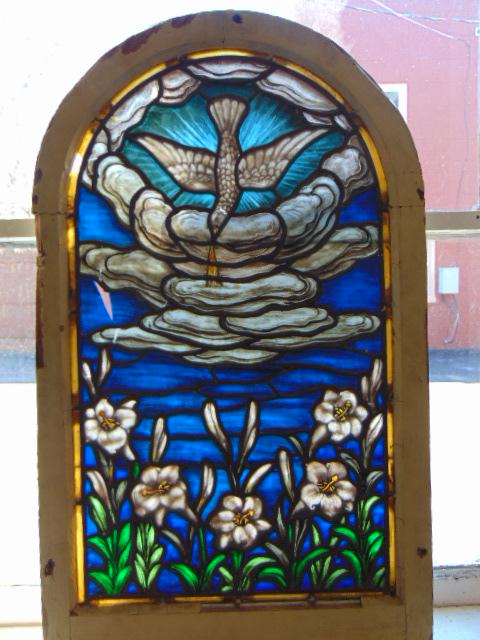 Domed leaded  & stained glass window, dove, floral, (1 of 4)