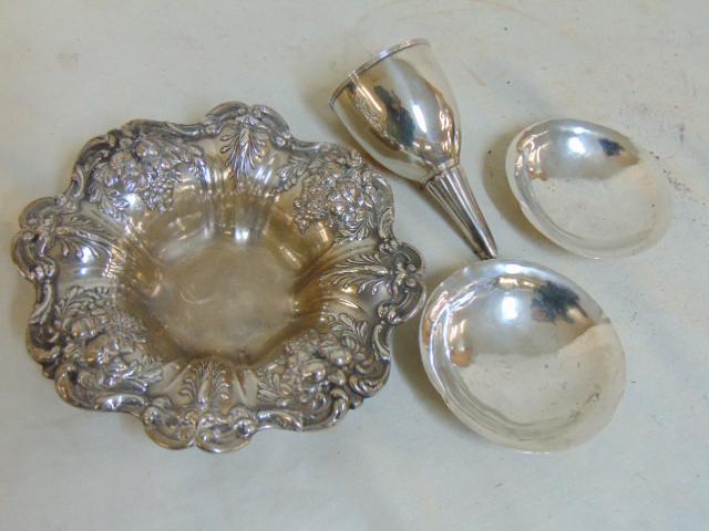 Sterling lot, English wine funnel, Frances 1st bowl by: Sterling lot, English wine funnel, Frances 1st bowl by Reed & Barton & 2 arts & crafts bowls by (Russ) Coppelman (signed, total weight is 17 troy