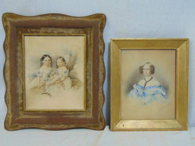 2 paintings, portrait watercolors, 19th Century, (1 of 8)