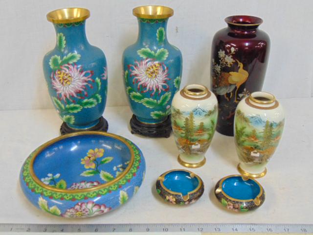 Asian cloisonne lot, vases, bowls, includes pair of (1 of 11)